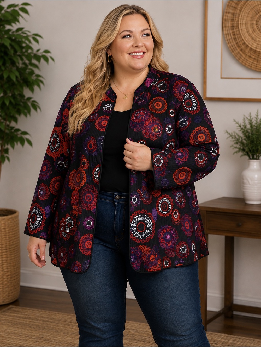 Catherine’s 1X (18/20) Reversible Floral Jacket Black Purple Red Boho